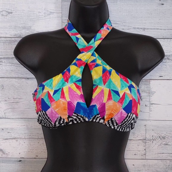 Bar III Feathered Daze Crossover High Neck Halter Bikini Swim Top Multi Large - Picture 1 of 8